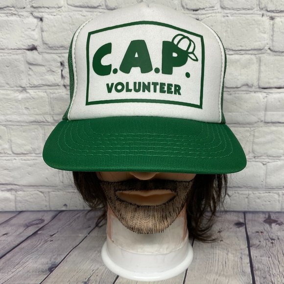 Vintage Hat Cap Snapback Green White C.A.P. Volunteer Trucker Mesh Print AJM 90s - Picture 1 of 8